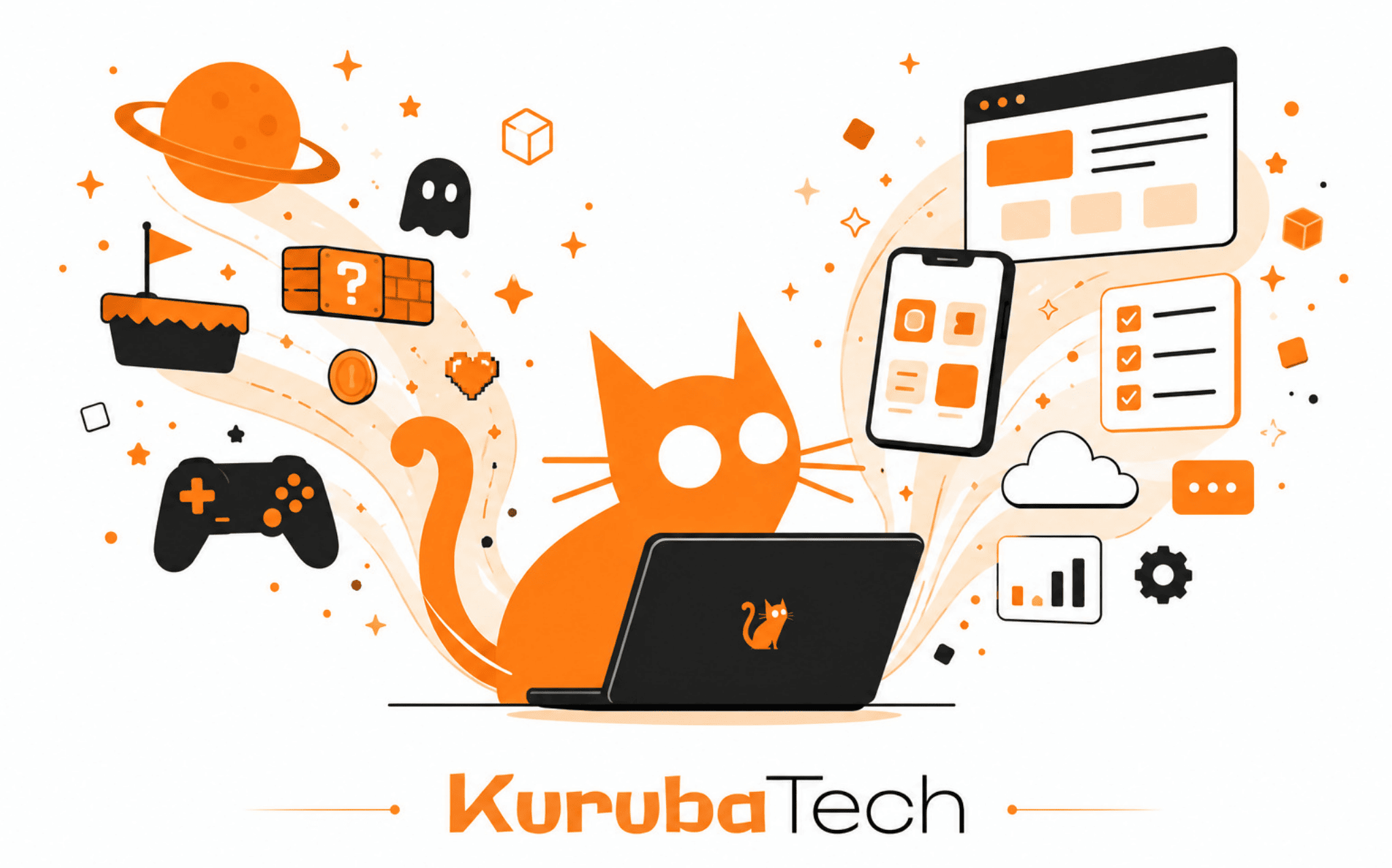 Ilustración con gatos, cajas y elementos de desarrollo de software y videojuegos